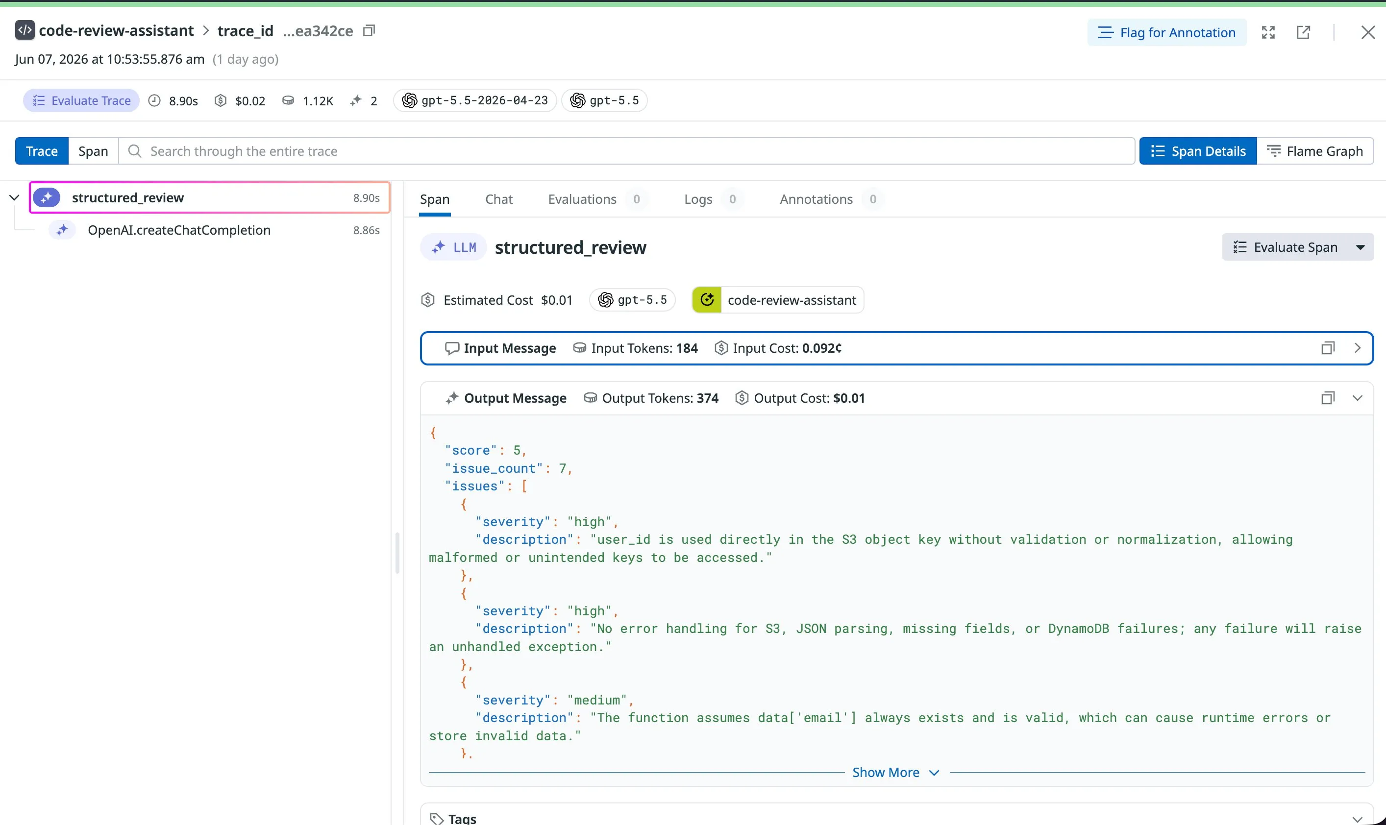 Datadog LLM Observability trace showing the structured_review span with full JSON output, estimated cost, input and output token costs visible